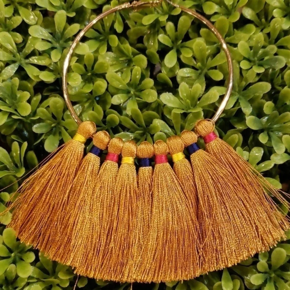 BIG‎ GOLD TASSEL HOOP EARRINGS 5 Inch Hoop